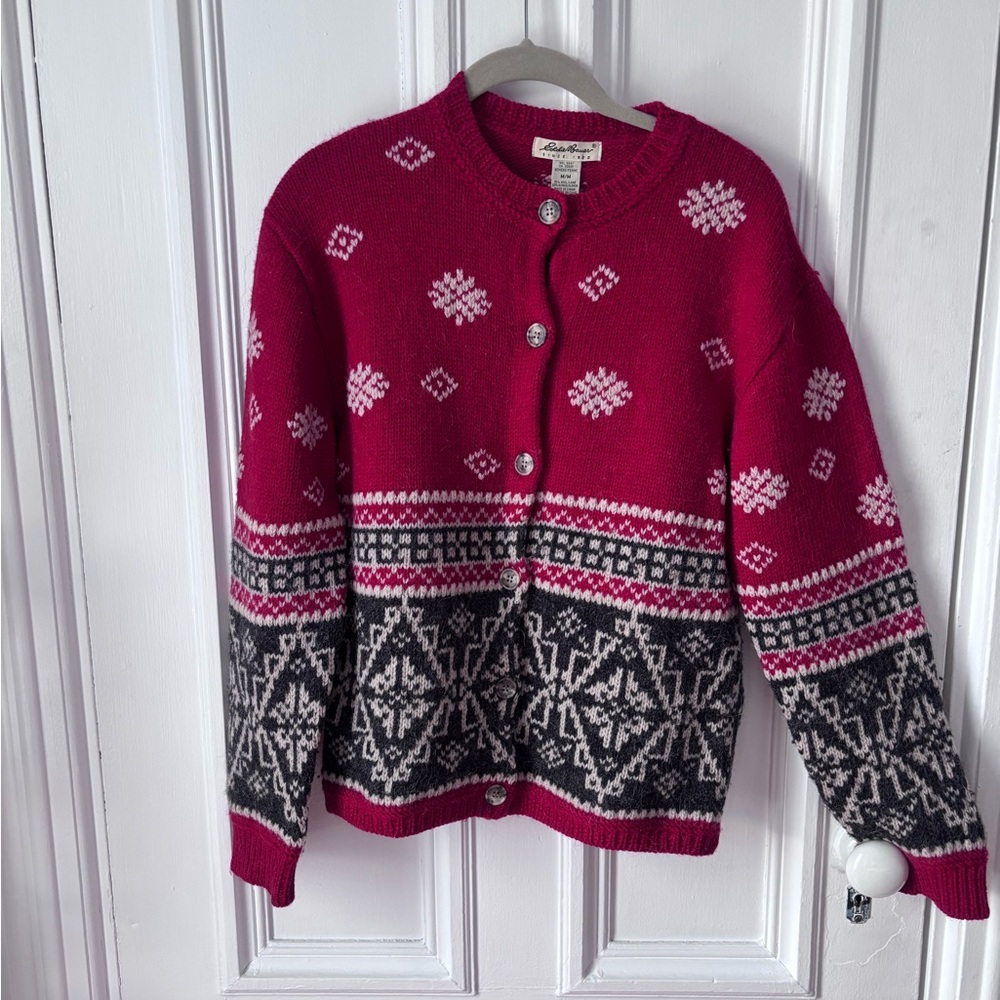 Women’s Eddie Bauer Vintage Wool Alpaca Blend Fair Isle Cardigan Sweater Medium